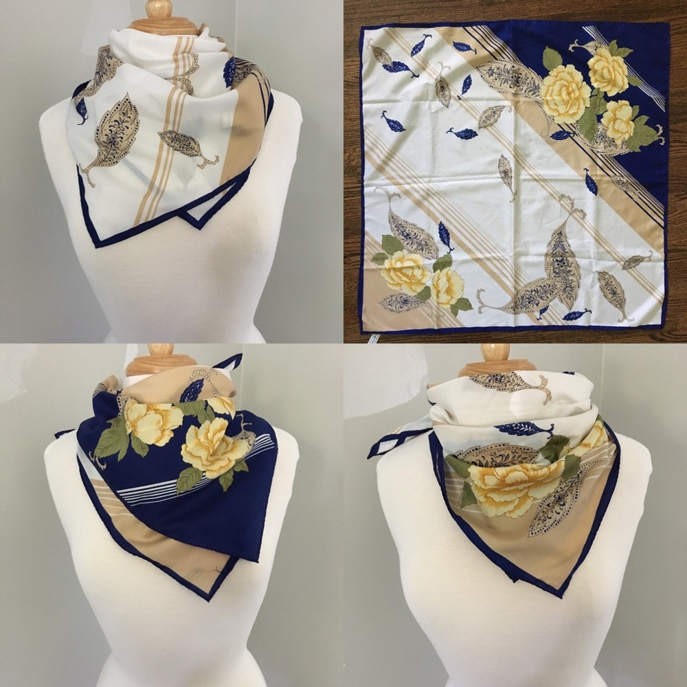 Gorgeous Navy Camel Cream Vintage Square Scarf